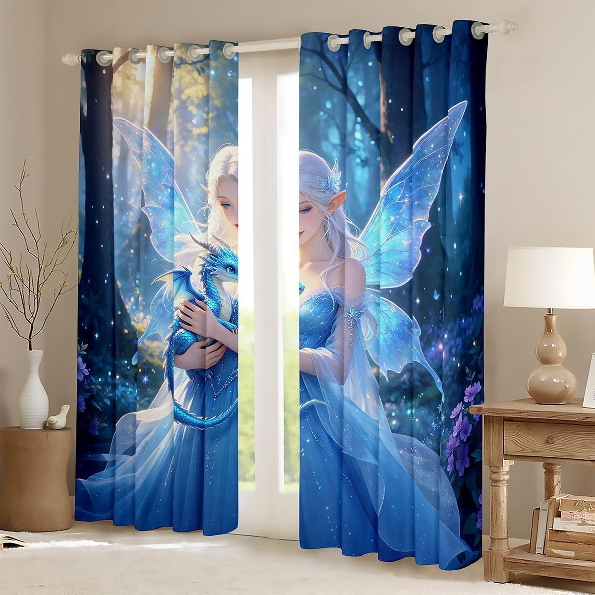 Castle Fairy Fantasy Fairy Blue Dragon Blackout Curtains Magical Themed Window Drapes Kids Teens Girly Star Animal Window Treatments Grommet Top 2 Panel Set Curtains,42Wx84L Inch Blue Cyan