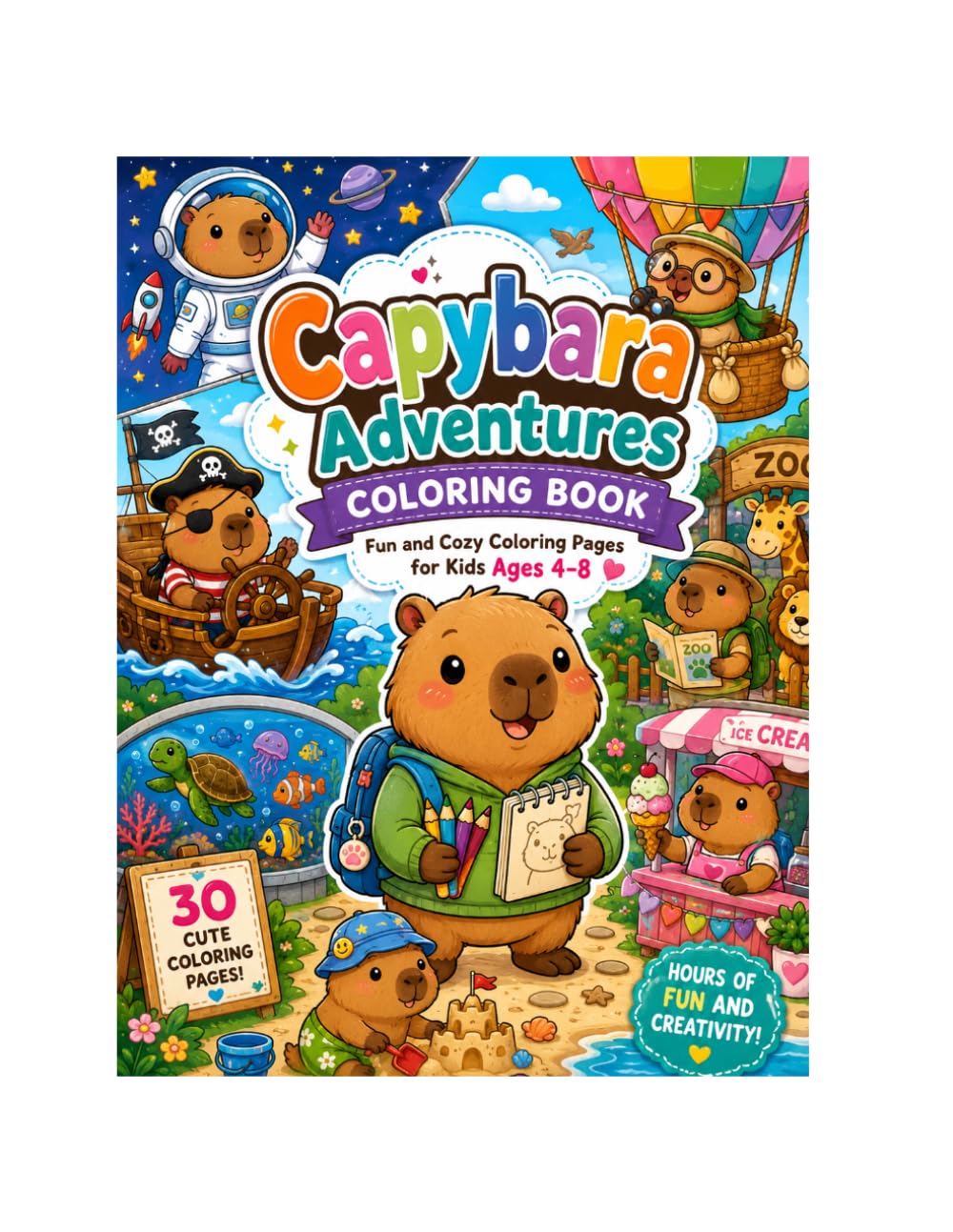 Capybara Adventures Coloring Book: Fun and Cozy Coloring Pages for Kids Ages 4-8
