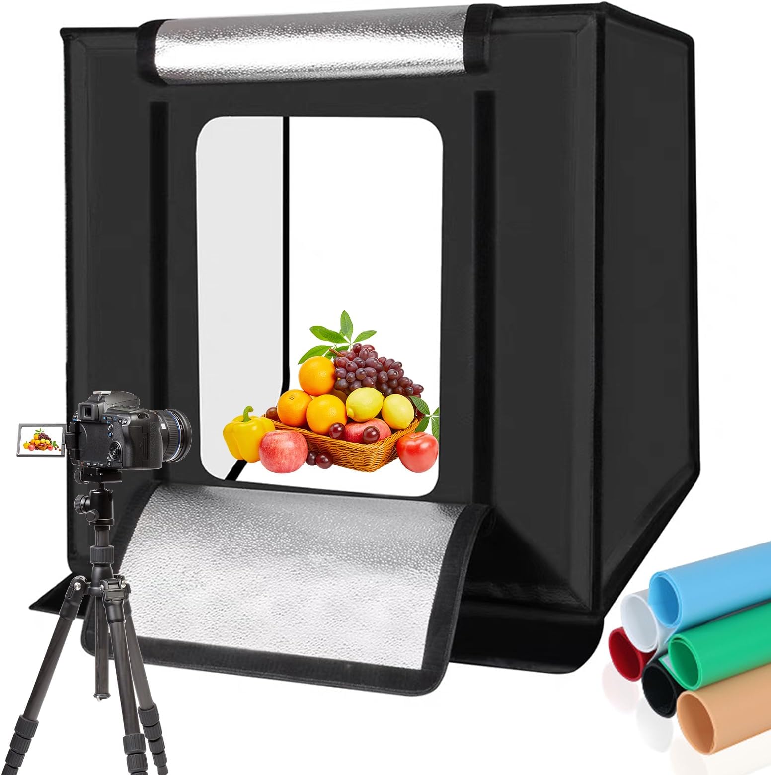 OBESTPuluz 24"x24" Photo Studio Light Box for Photography, Bi-Color Dimmable Shooting Tent Kit Lighting Booth, 5600K 166 LED Lights High CRI ?95, 6 Colors PVC Product Backdrop