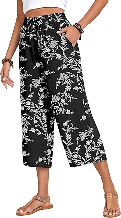 Anyhold Womens Capri Pants Drawstring Casual Palazzo Trousers with Pockets Loose High Waisted Wide Leg Lounge Pants