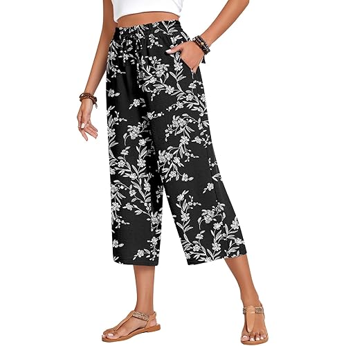 Anyhold Womens Capri Pants Loose High Waisted Wide Leg Lounge Pants Drawstring Casual Palazzo Trousers with Pockets