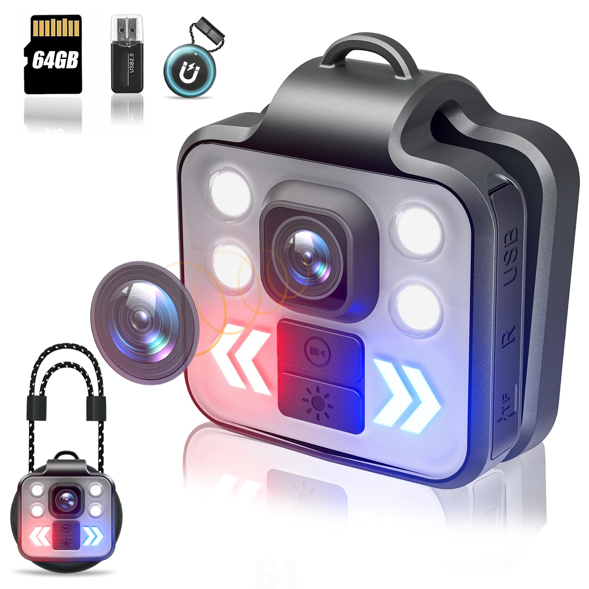 Body Camera with Audio & Video Recording - 1080P Mini Small Portable Sport 64G Cam Recorder - Flashlight Headlamp Waterproof Cam- for Child Pet Home Outdoor Fishing Camping (With Magnetic Lanyard)
