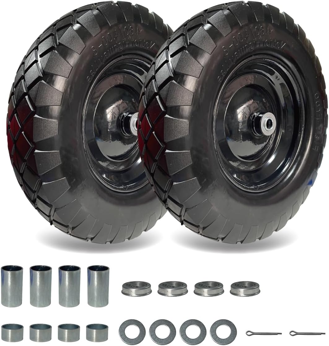4.00-6 Solid PU Tire, 13" Flat-Free Replacement for Wheelbarrow & Hand Truck, Heavy Duty Puncture Proof Garden Cart Wheels, 2-Pack