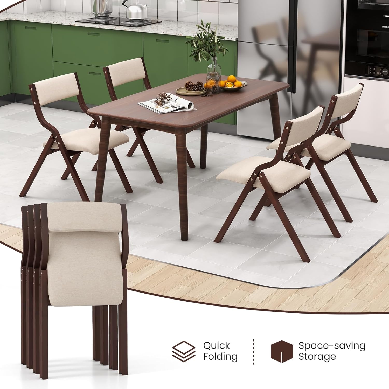 GOFLAME Folding Dining Chairs Set of 2, Assembled Foldable Chairs with Padded Seat and Solid Wood Frame, Modern Extra Chairs for Kitchen, Living Room, Dining Room, Office, Wedding Party, Coffee&Beige
