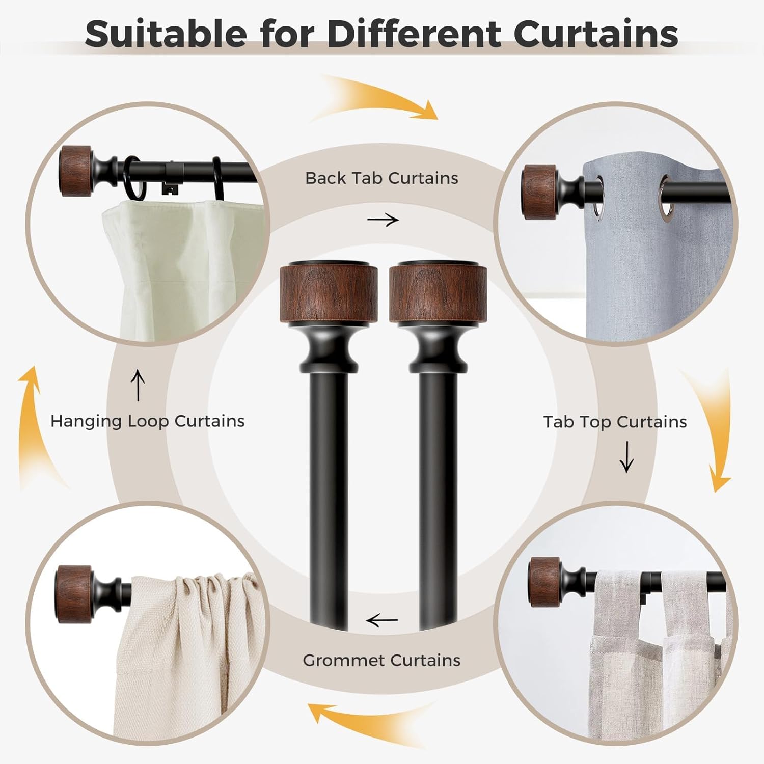 Wood Curtain Rods for Windows 66 to 120 Inch, 1” Diameter Adjustable Curtain Rod with Imitation Wood Grain Finials, Decorative Heavy Duty Drapery Rod Set, Indoor/Outdoor Modern Curtains Rods, 30-120”