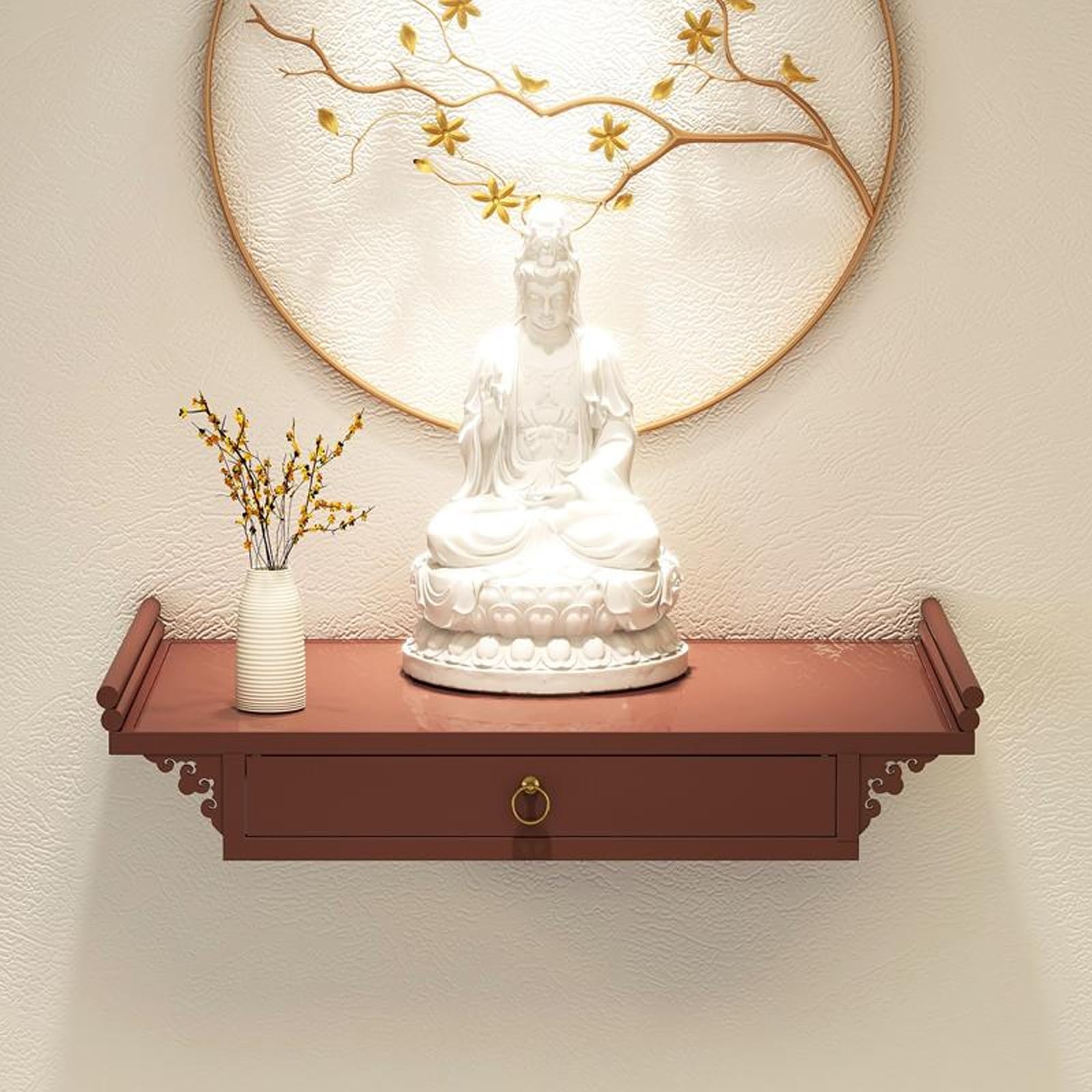 JNTFNE Buddha shelf,Household Cabinet，Wall-Mounted with Drawer，Personal Shrine Altar Table Buddhist Offering Niche for Pooja and Incense Tribute(Walnut,Small)