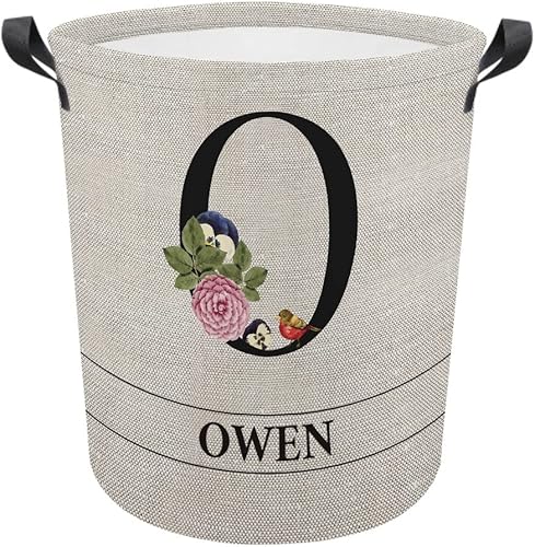 Cesta de lavandería con inicial floral personalizada, monograma con nombre personalizado de flores y pájaros, cesta de ropa plegable de tela, caja
