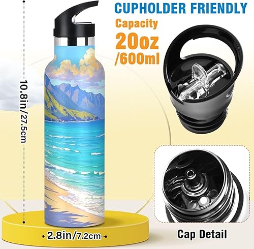 Miniatura 2 de Blue Summer Beach in Hawaii - Botella de agua aislada a prueba de fugas y sin BPA con pajilla, para bebidas calientes y frías, doble pared para
