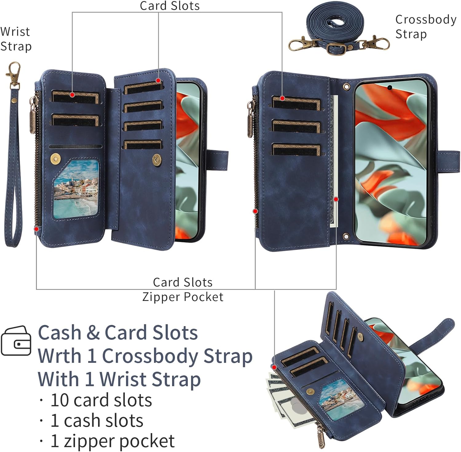 Asuwish Phone Case for Google Pixel 9 Pro XL Zipper Wallet Cell Cover with Tempered Glass Screen Protector Crossbody Wrist Strap Flip Credit Card Holder Slot Pixel9 9Pro 9ProXL Nine Women Men Blue
