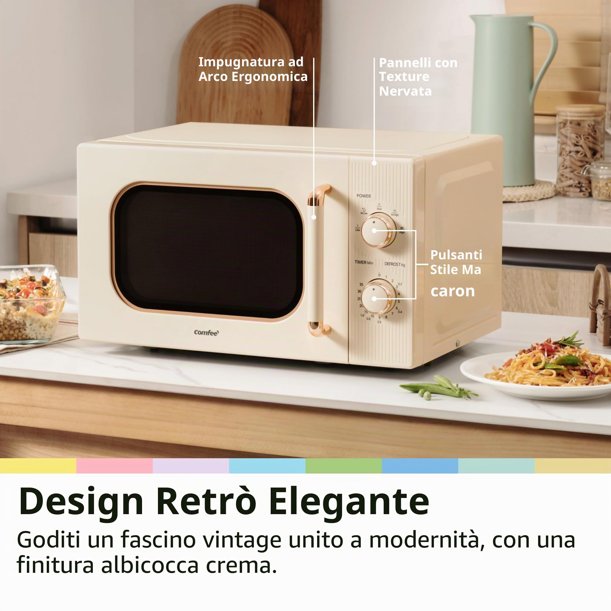 COMFEE ' CMO-M202NC(CM) Microonde Vintage Retro Elegante Con 5 Livelli Di Potenza, 700 W, 20 L, Timer Regolabile 0-35 Min, Controlli Singoli, Illuminazione Interna, Crema Albicocca