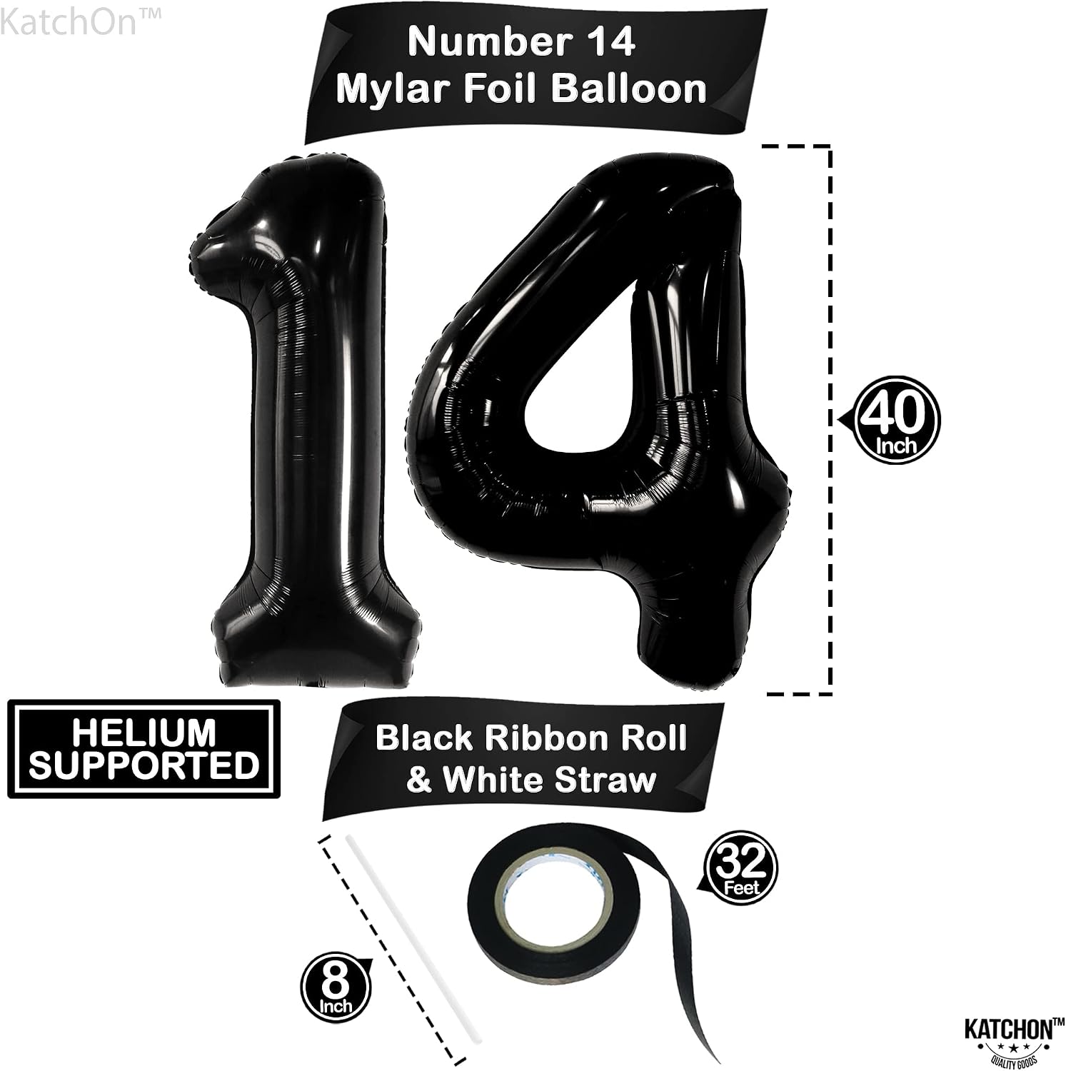 KatchOn, Giant Black 14 Balloon Numbers Foil - 40 Inch | 14 Birthday Decorations for Boys | Black 14th Birthday Balloons for Teen Boy Birthday Decorations 14 | 14th Birthday Decorations for Boys