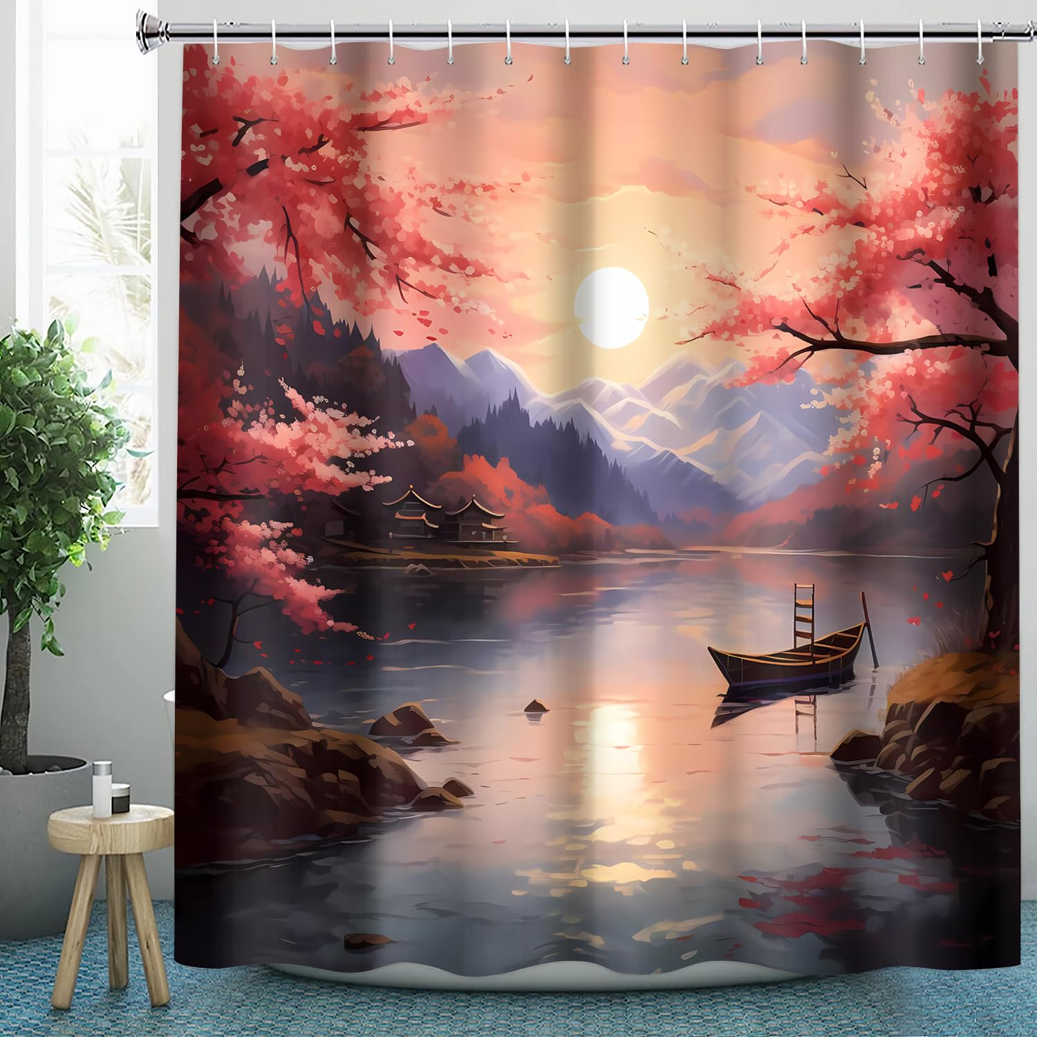 CLOXKS Wasserdichter Duschvorhänge Japanisch, Landschaft Duschvorhang 200x220 Anti-Schimmel - Duschvorhang Textil für Badewanne mit 12 Haken