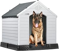 LEMBERI Waterproof Plastic Dog House for Small to Large Dogs - Elevated Floor, Indoor Outdoor Shelter, Easy Assemble 42x38x39 Inch Gray