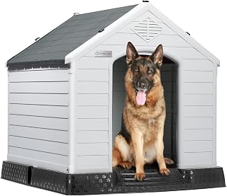 LEMBERI Waterproof Plastic Dog House for Small to Large Dogs - Elevated Floor, Indoor Outdoor Shelter, Easy Assemble 42x38x39 Inch Gray