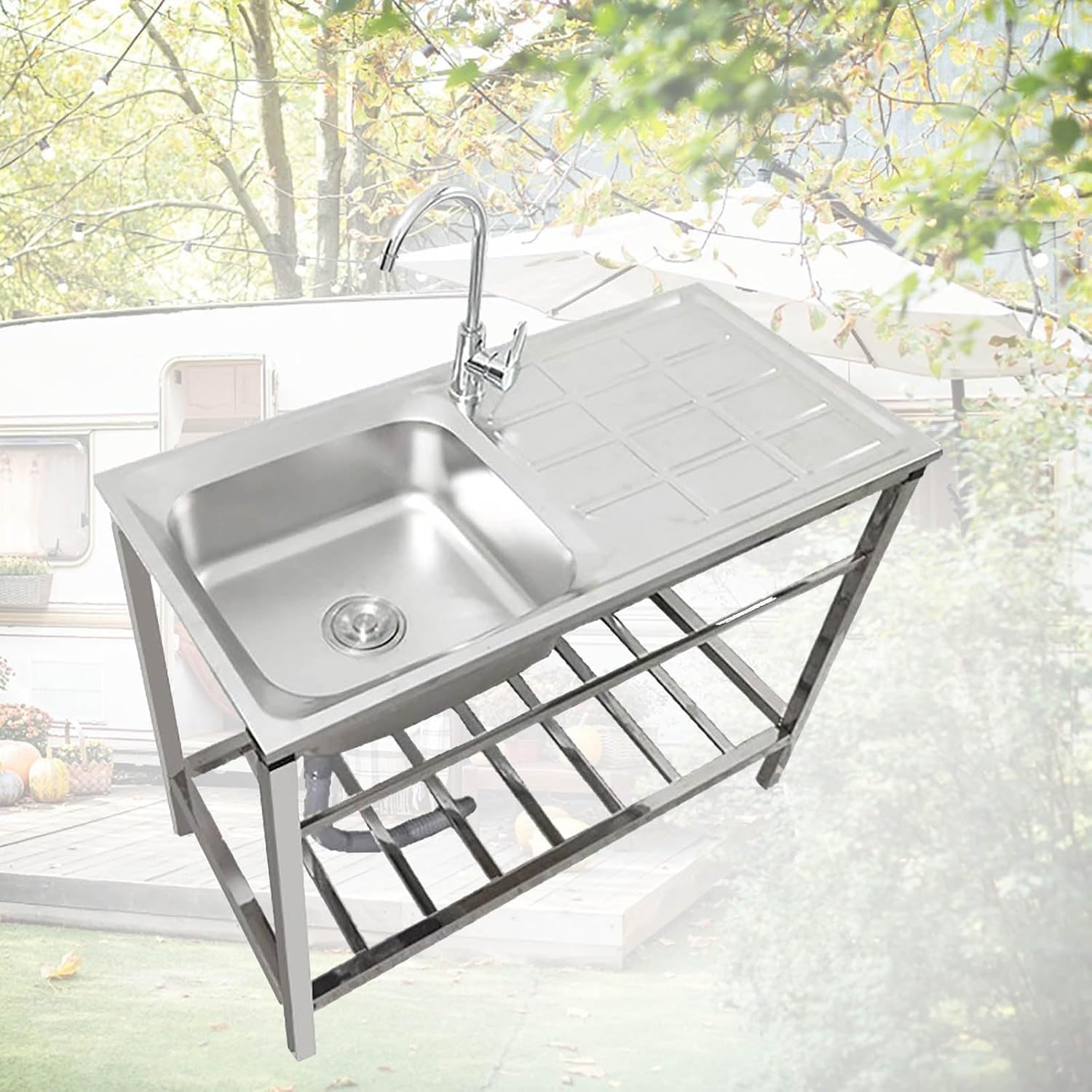 自立型シンク 業務用シンク 作業台と収納コンパートメント付き ステンレススチールシンク 1ボウル キッチンシンク 掃除/設置が簡単 