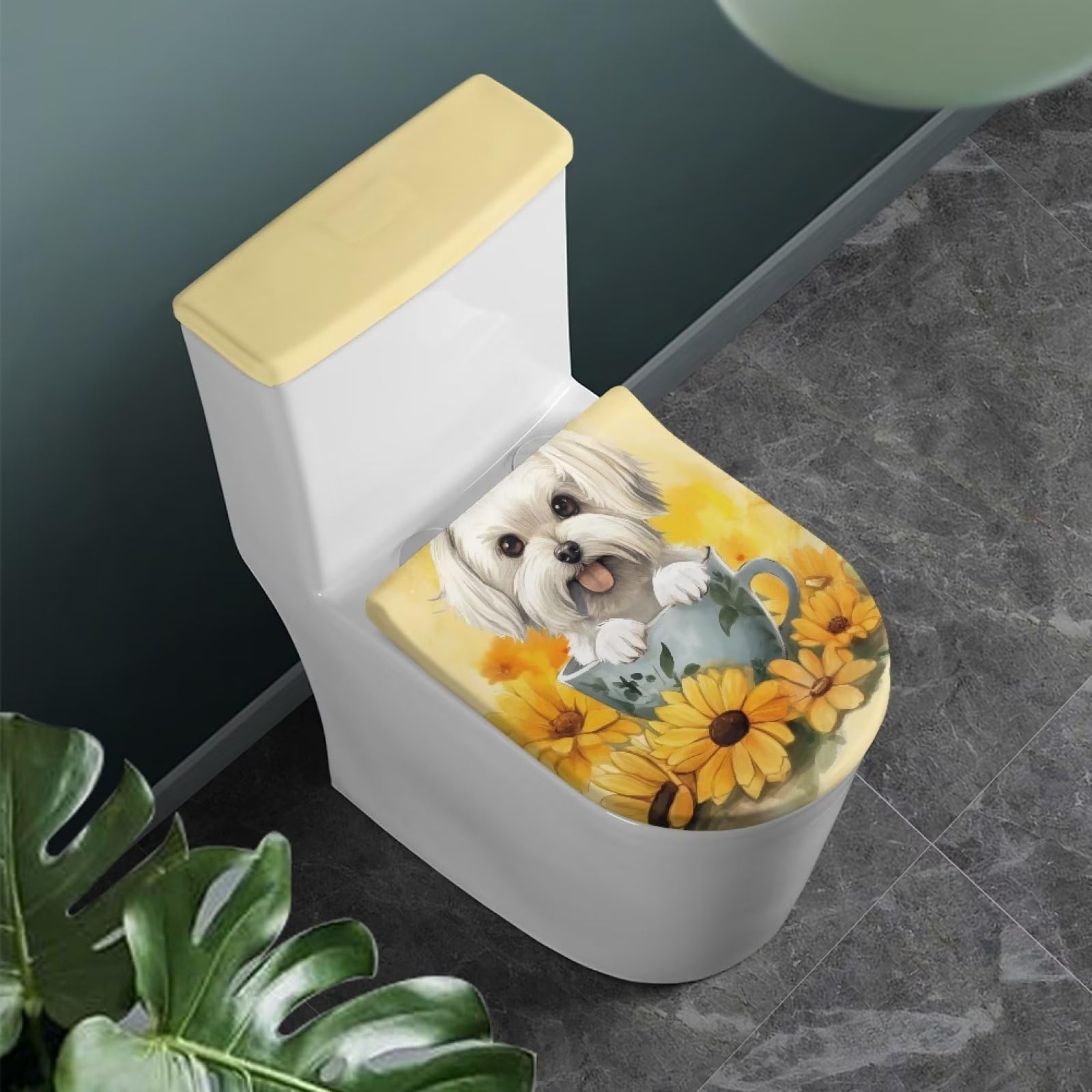 Dolyues Cute Dog Print Toilet Seat Lid Cover Toilet Tank Lid Cover for Bathroom Set of 2Pcs Sunflower Decorative Cover Toilet Lid & Tank Covers Stretch Dust Covers