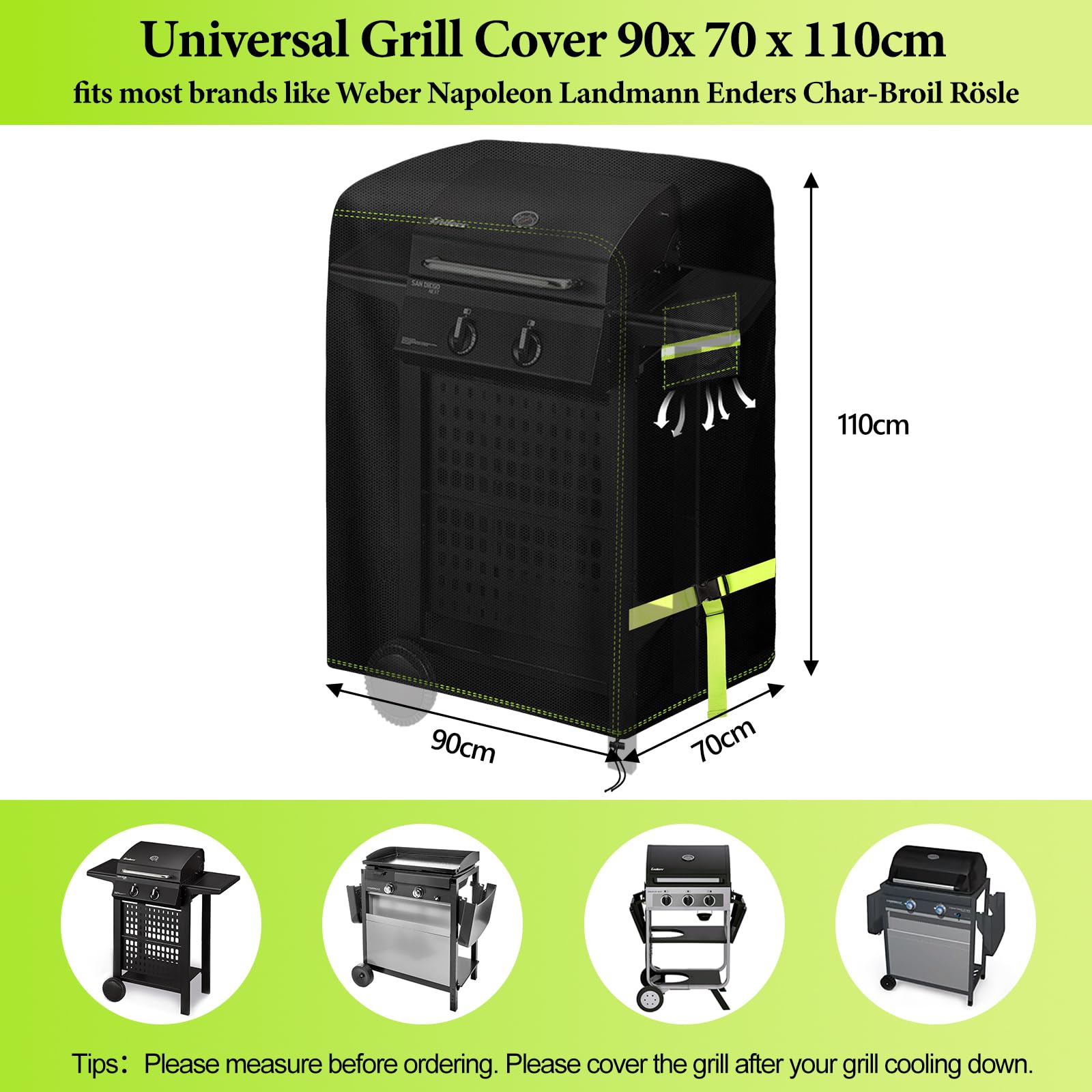 QLSXLB Barbecuehoes voor buiten, robuust Oxford-weefsel, 600D, waterdichte afdekking, 100 x 60 x 110 cm, barbecuehoes met ventilatie, winddicht
