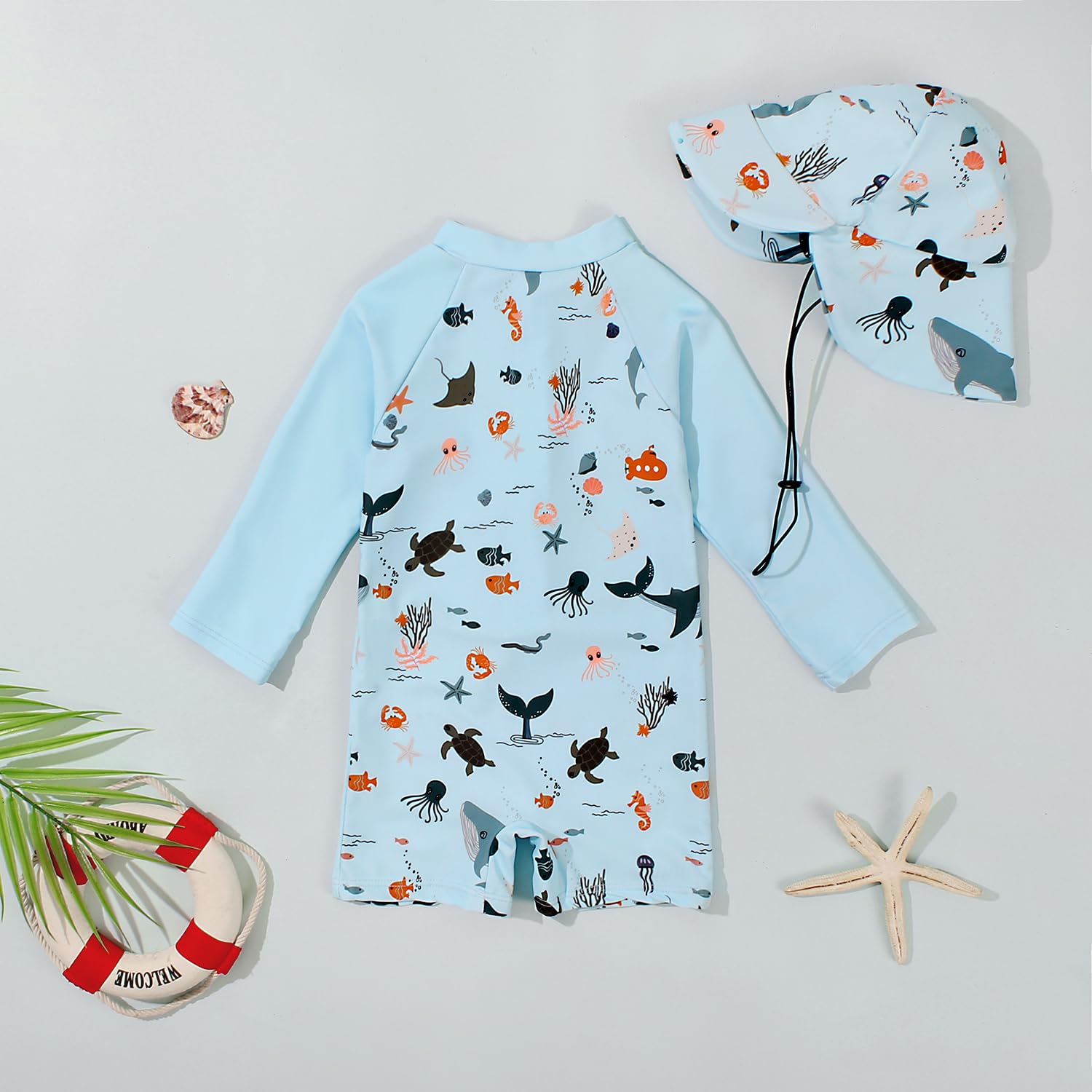 Bébé Garçon Maillot de Bain Une Pièce Imprimé à Manches Longues Protection Anti-UV Rashguard avec Fermeture Éclair et Chapeau d'Été 2 Pièces Ensemble
