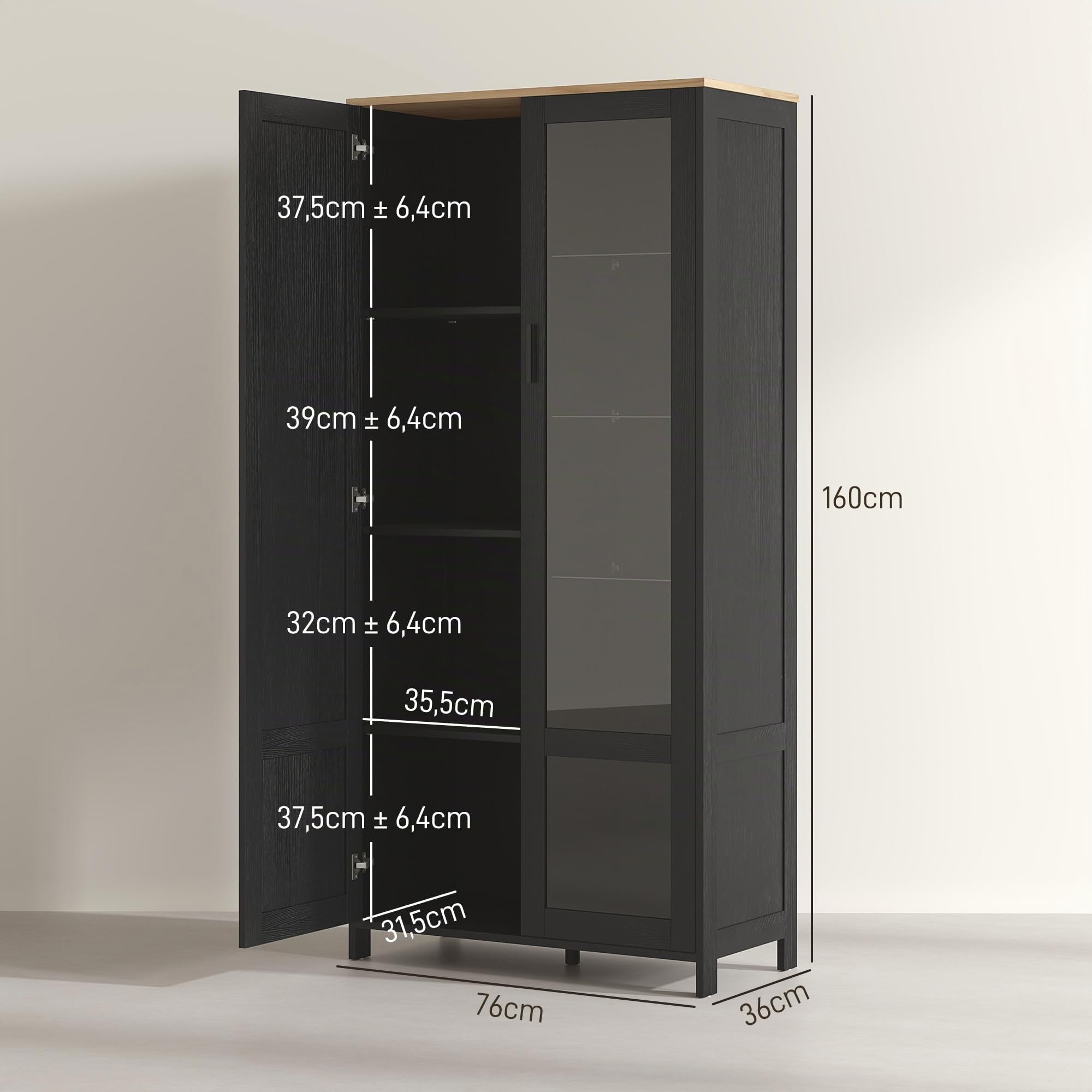 HOMCOM Armario de Cocina, aparador de Cocina, Vitrina de Porcelana, Vitrina con 2 Puertas Incluyendo una Puerta de Cristal - Mueble de Almacenamiento con estantes Ajustables y 9 Compartimentos, 76 x | 2 puertas, incluyendo una puerta de cristal, mueble de