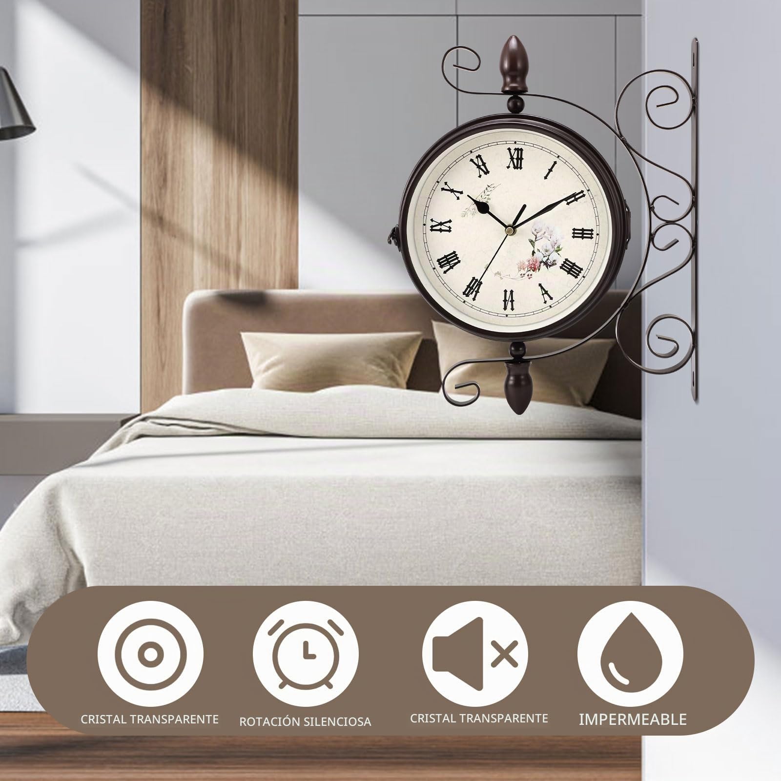 Reloj de Pared de Doble Cara, Reloj de estación de Tren de Doble Cara con Soporte para jardín, Retro, Hierro Forjado, Metal, silencioso, Reloj de Cuarzo, Reloj de Pared Exterior, Reloj Decorativo 1