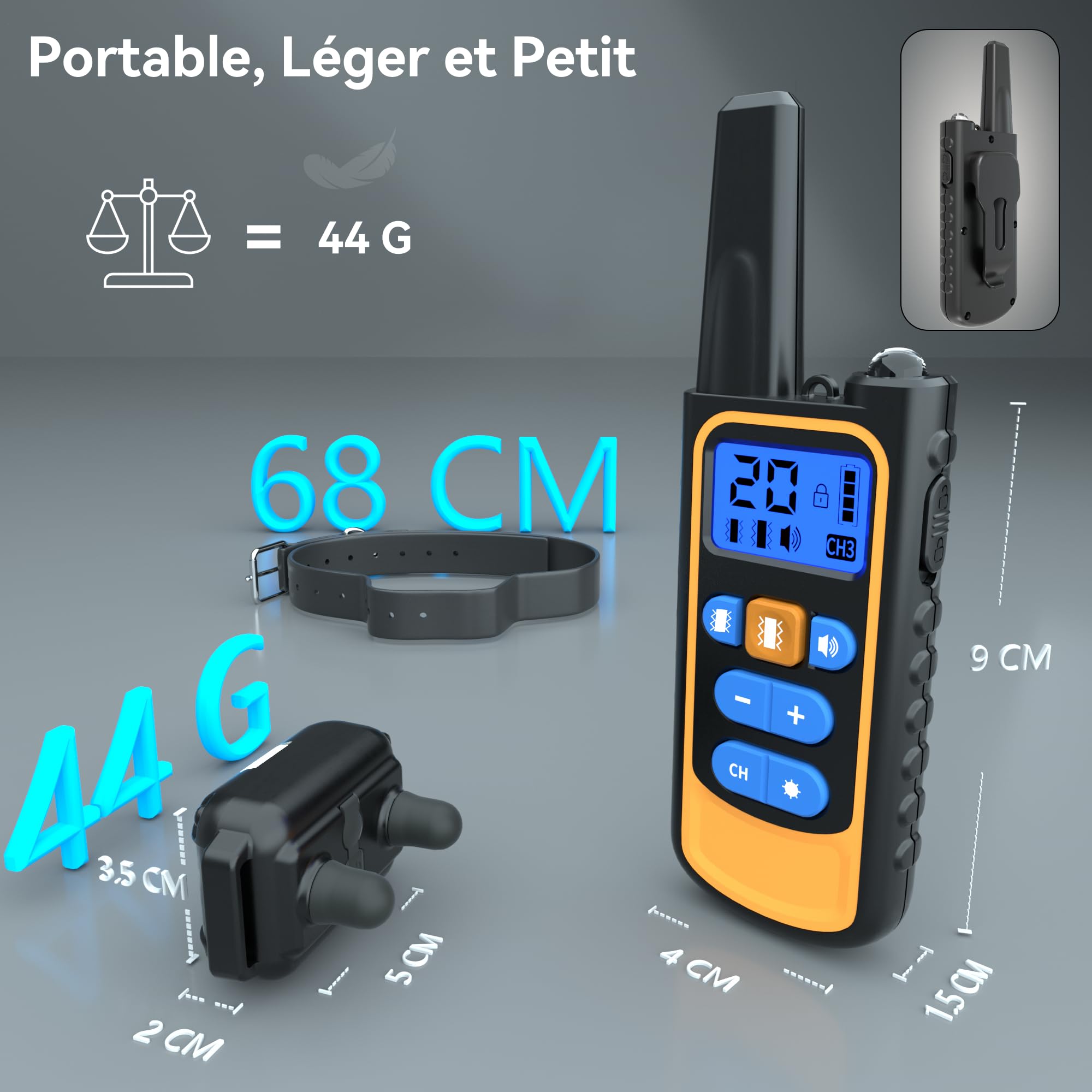 Meloive Collier de Dressage pour Chien,Portée de 3000m,Collier Rechargeable avec Mode Son,Vibration,Forte Vibration et Lumière LED,IPX67 Résistant à l'eau,Adapté Aux Chiens de Petites et Gros Tailles