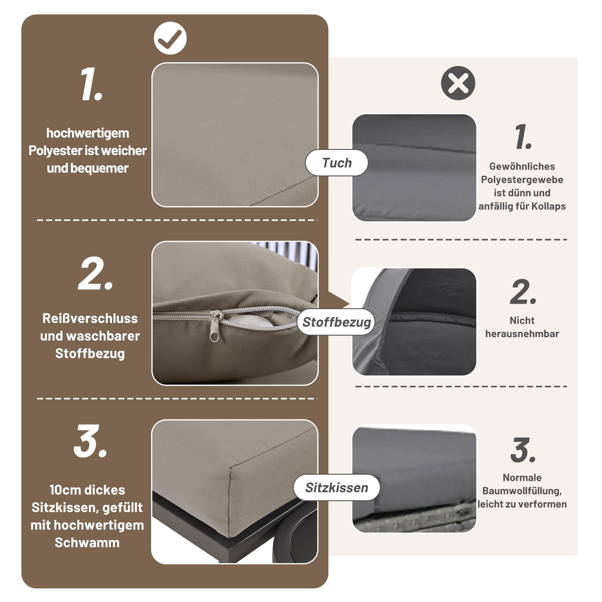 Zepneiy Ensemble de Meubles de Jardin en L, Ensemble de chaises Longues en Fer avec Coussins d'assise et Pieds réglables, 2 canapés et 1 Table, Gris (Coussins d'assise Inclus)