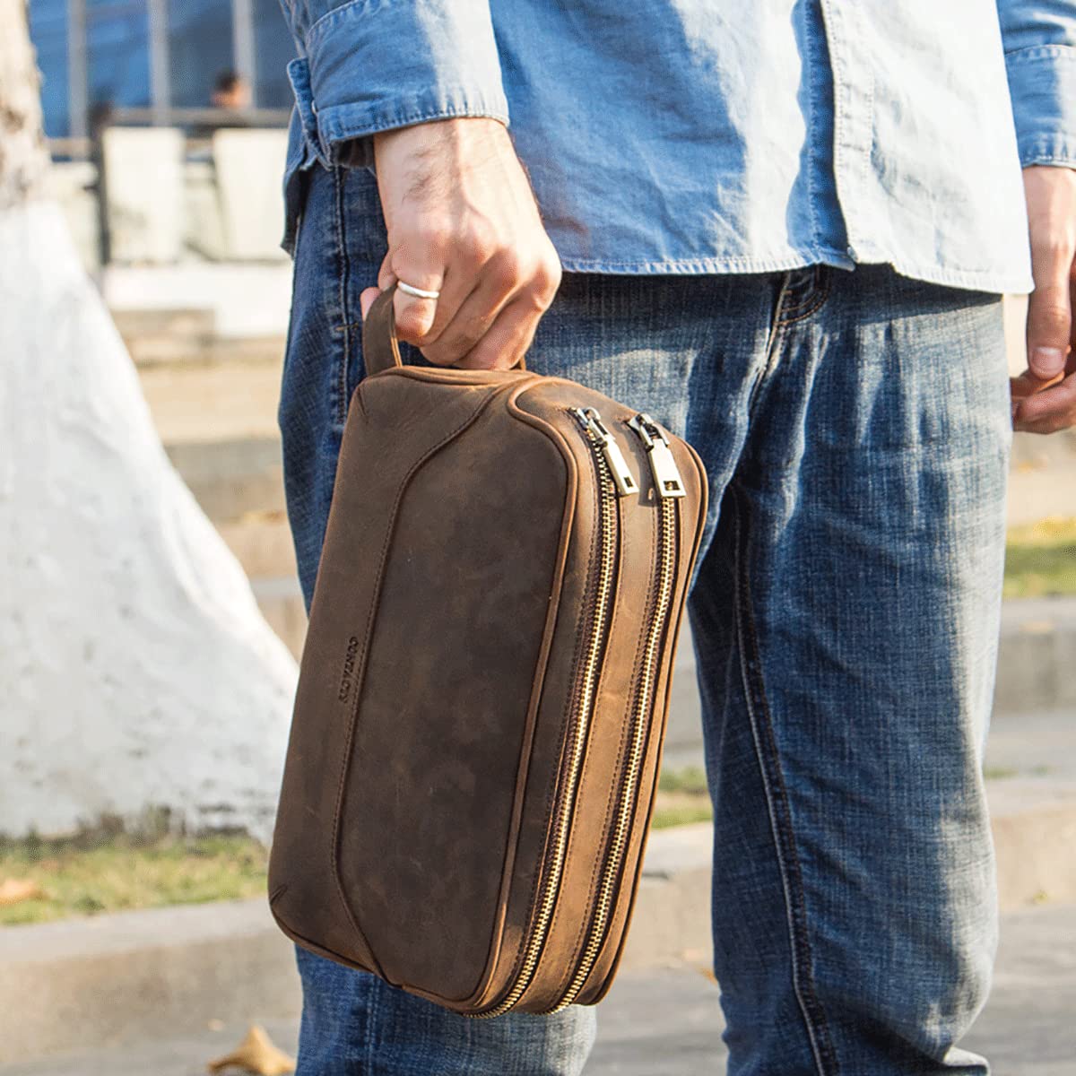 Contactos Hombre Bolsa de Aseo de Negocios de Viaje de Cuero de Vaca con Gran Capacidad Doble Cremallera, 5#café, Taille Unique, Bolsa de Aseo