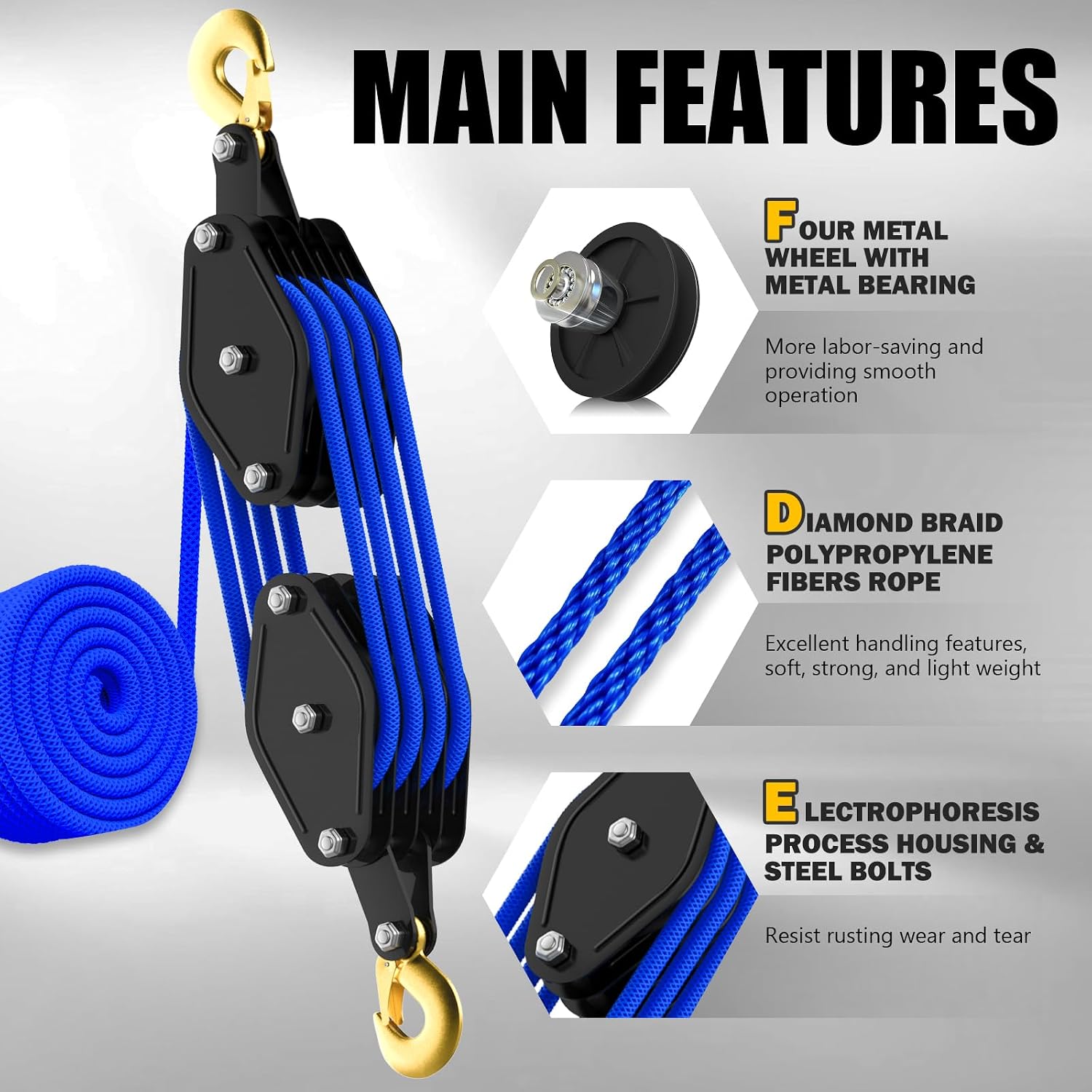 YATOINTO Rope Hoist Pulley System, 4400LB Pulley Block and Tackle, 8:1 Ratio Lifting Power 65ft, Heavy Duty Pulley Block for Hunting Lifting Heavy Objects Garage Warehouses Building (Blue)