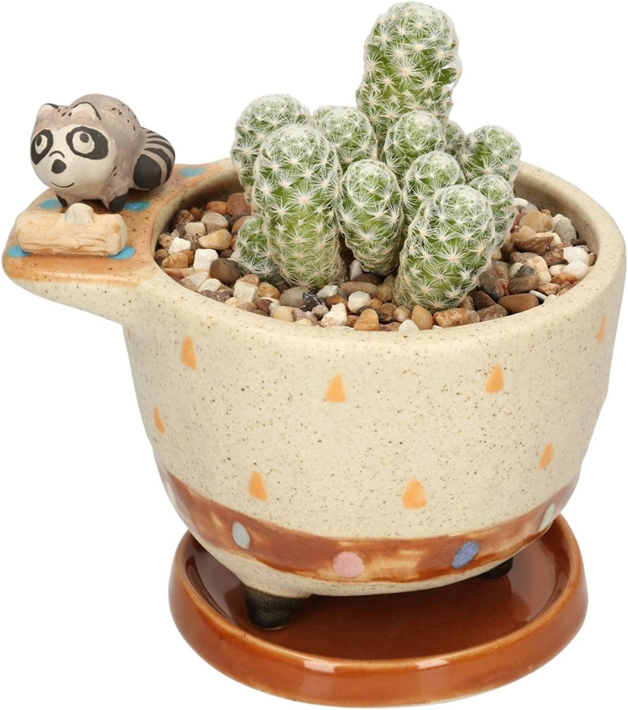 Ceramic Succulent Planter Small Pot with Drainage Hole and Tray for Cactus Flower Plant Container Shelf Home Office Desk Decoration (Raccoon)