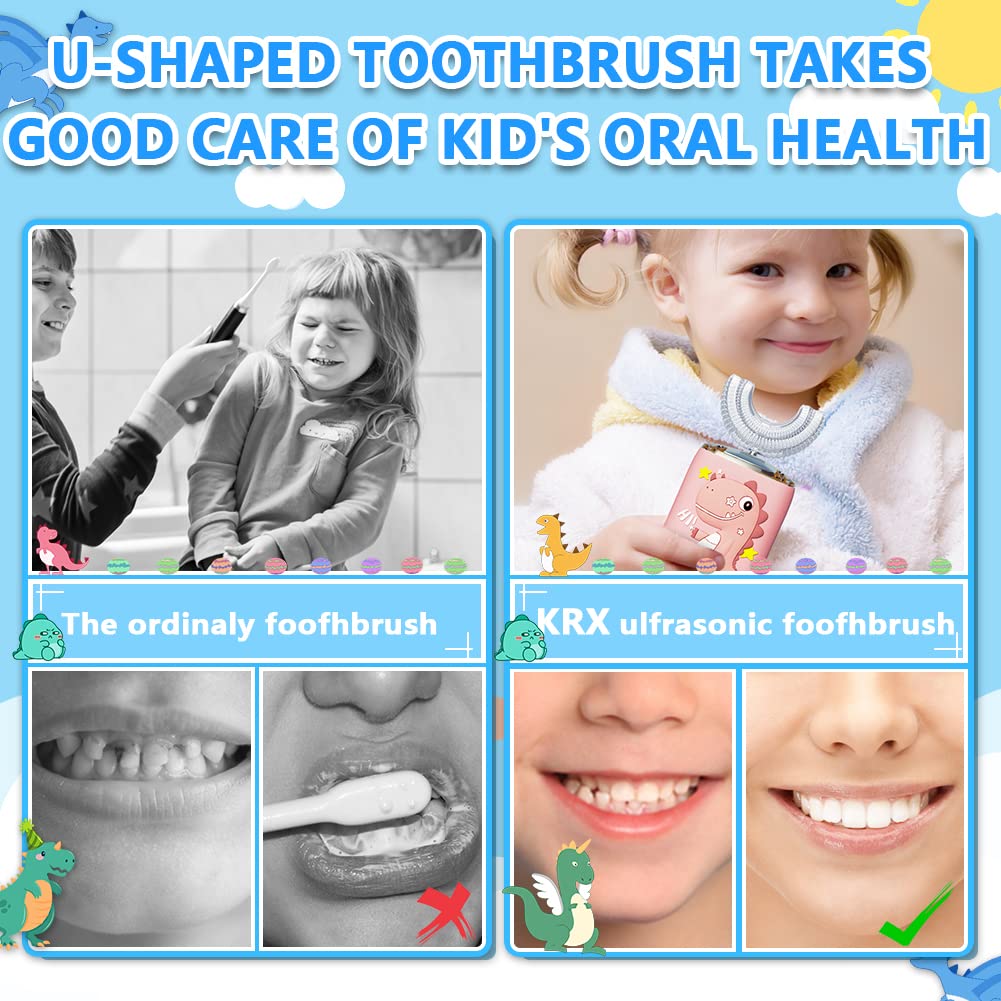 Kids Electric Toothbrush U Shape Dinosaur Ultrasonic Automatic Toothbrush with Replacement Soft Bristles Heads Six Modes 360°Oral Cleaning IPX7 Waterproof Smart Rechargeable Toothbrush (2-6 Year Old)