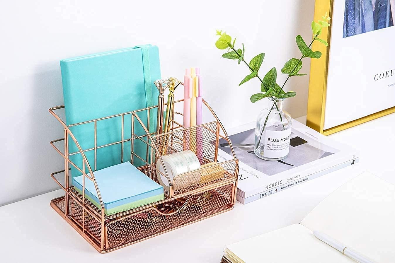 Upgraded Desk Organizer for Women, Cute Mesh Office Supplies Accessories Essentials Caddy with Drawer for Home & Office Desktop Organization & Decor, Rose Gold : Office Products