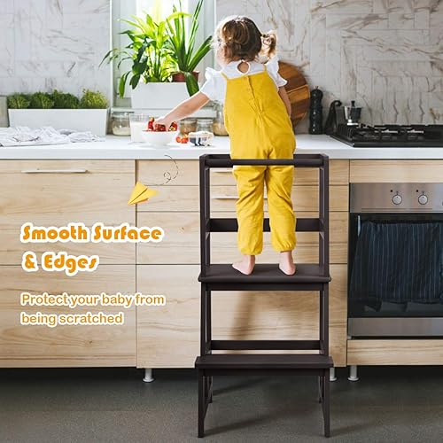 Miniatura 6 de Costzon Taburete de cocina para niños con riel de seguridad, taburete de cocina para niños pequeños con construcción de bambú macizo, soporte para