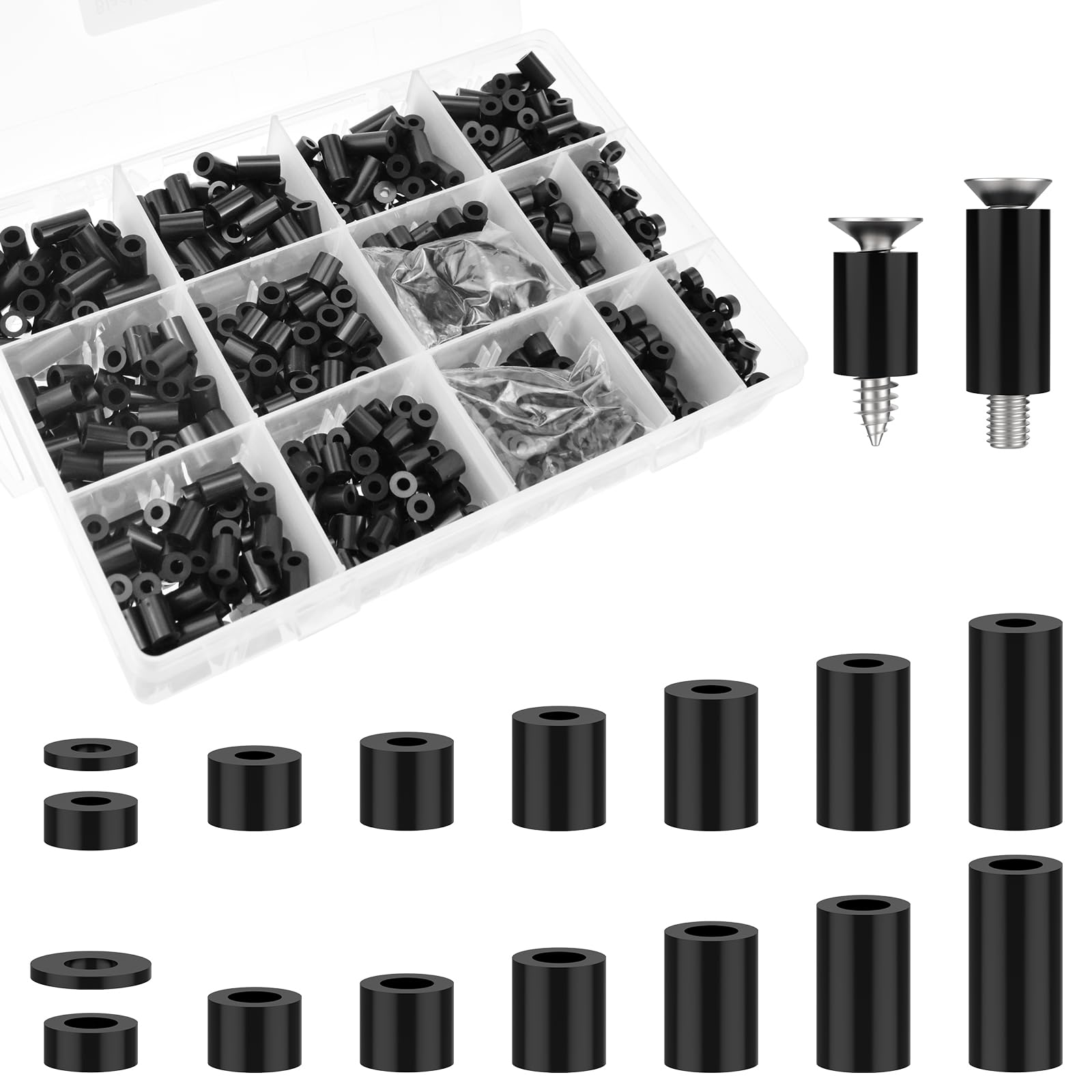 Aifeier ET 1200 Pcs Electrical Outlet Spacers for M3 M4 Screws, Nylon Black Round Spacer Hardware Without Threaded, Plastic Standoff Nut Assortment