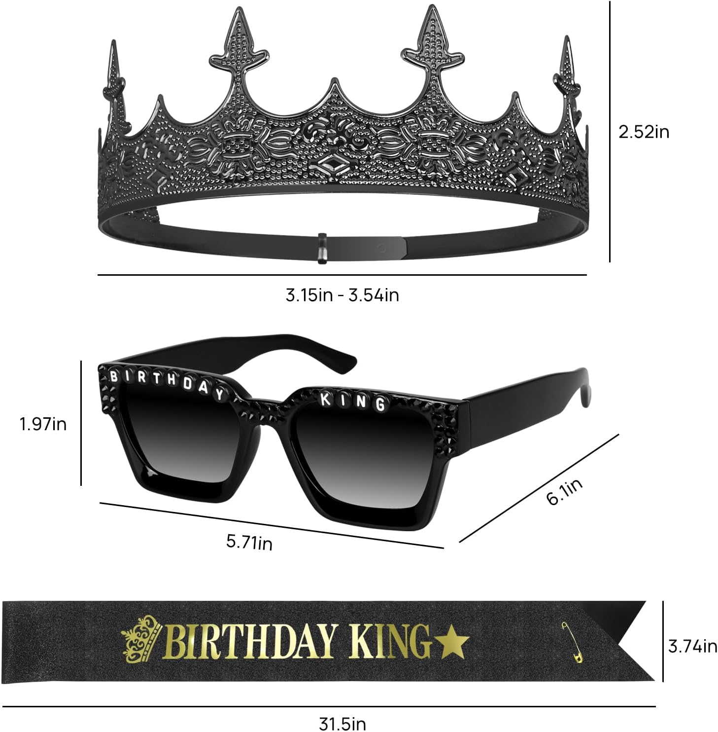 Edussy 3 pcs Black Birthday Decorations for Men Set,Happy Birthdays Sunglasses ,Gothic Birthdays King Crown and Sash for Birthday Gifts for Men and Him