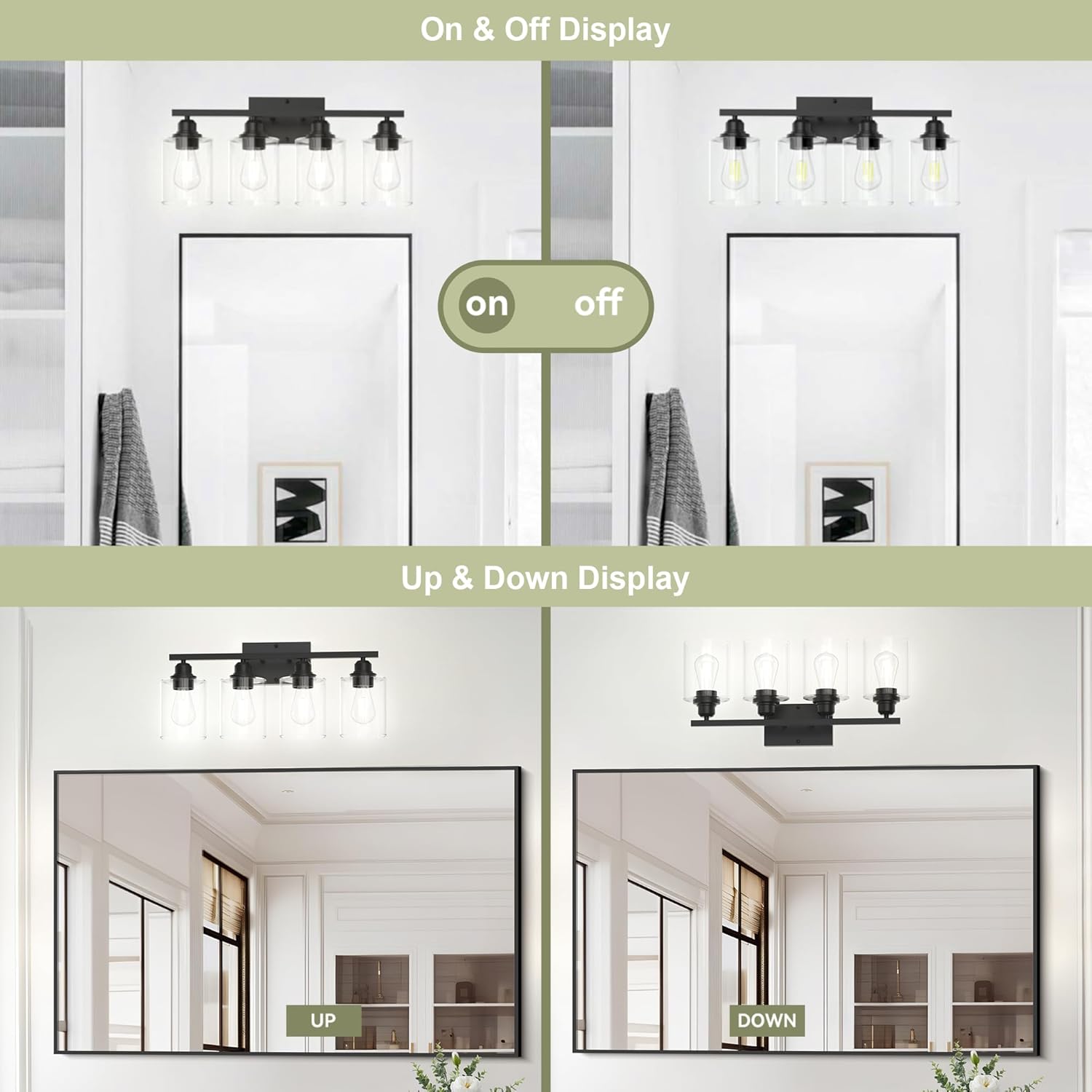 Sailstar 4-Light Bathroom Light Fixtures, Matte Black Bathroom Vanity Light, Modern Vanity Light Fixture Over Mirror with Clear Glass Shade, Small Bathroom Light for Mirror Living Room Hallway Cabinet