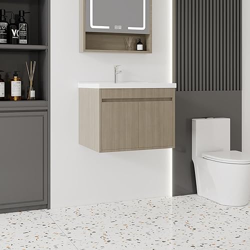 Miniatura 192 de Tocador de baño de 20 pulgadas con lavabo de cerámica, tocador de baño pequeño montado en la pared con puerta de cierre suave, gabinete flotante