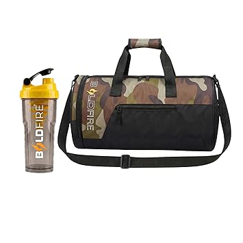 Boldfire Gym Bag & Shaker Combo for Men & Women | Sports Travel Bag with Adjustable Shoulder Strap