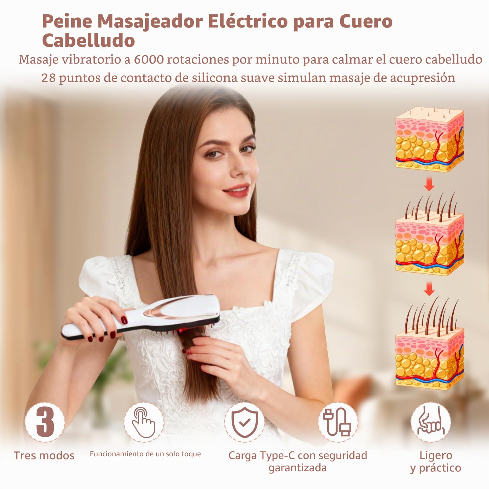 Cepillo de masaje eléctrico para el cuero cabelludo, crecimiento del cabello, vibración, peine de masaje para el cuero cabelludo, masaje de cabeza para relajación y alivio del estrés