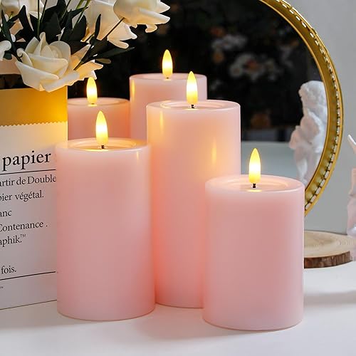 Miniatura 6 de Yeelida Velas sin llama parpadeantes de pilar con efecto de grasa de vela, paquete de 3 LED rosas, batería operada, temporizador de 2468 horas,