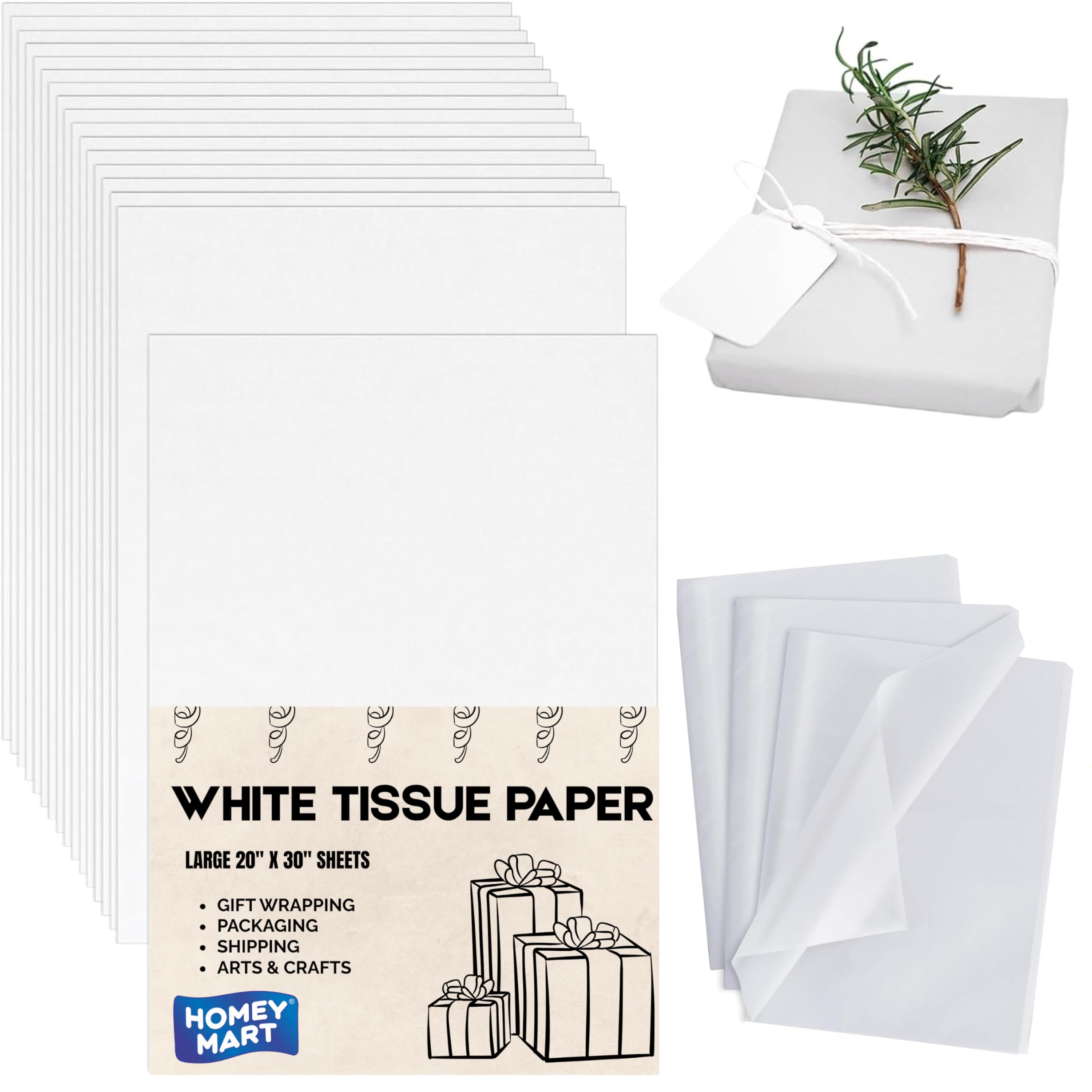 HOMEY MART White Tissue Paper, 20x30 Inches, Large Bulk Acid Free Tissue MG 17GSM Lightweight for Gift Wrapping, Packing, Crafts, Shipping, Retail Packaging, Stuffing & Moving - 100 Sheets
