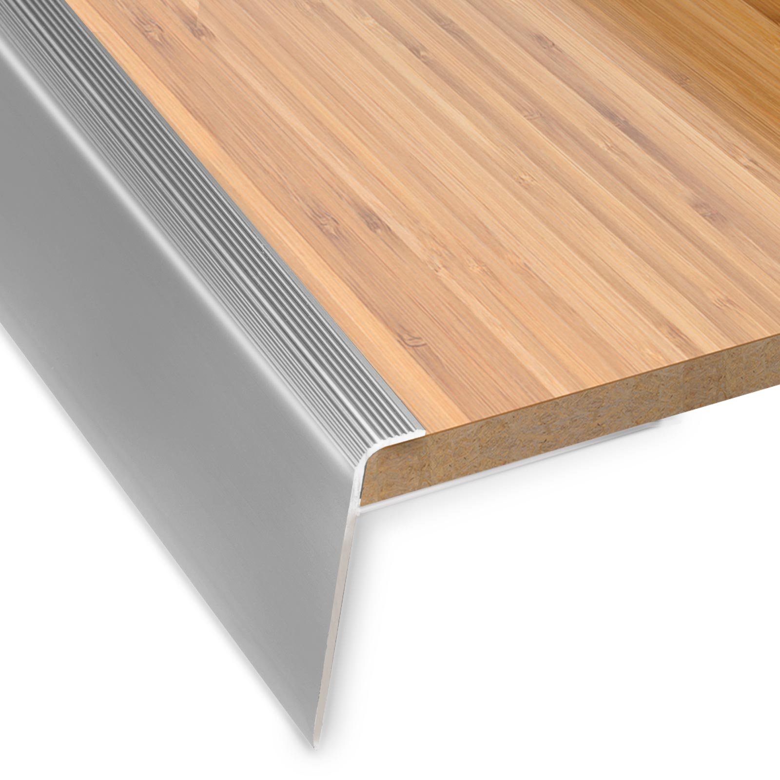 Profilo per bordi per gradini di sicurezza, forma a F, profilo paragradino per scale, per pavimenti con altezza di 7-8 mm, con Materiale di montaggio. Lunghezza: 90 cm. Altezza: 53 mm, Argento