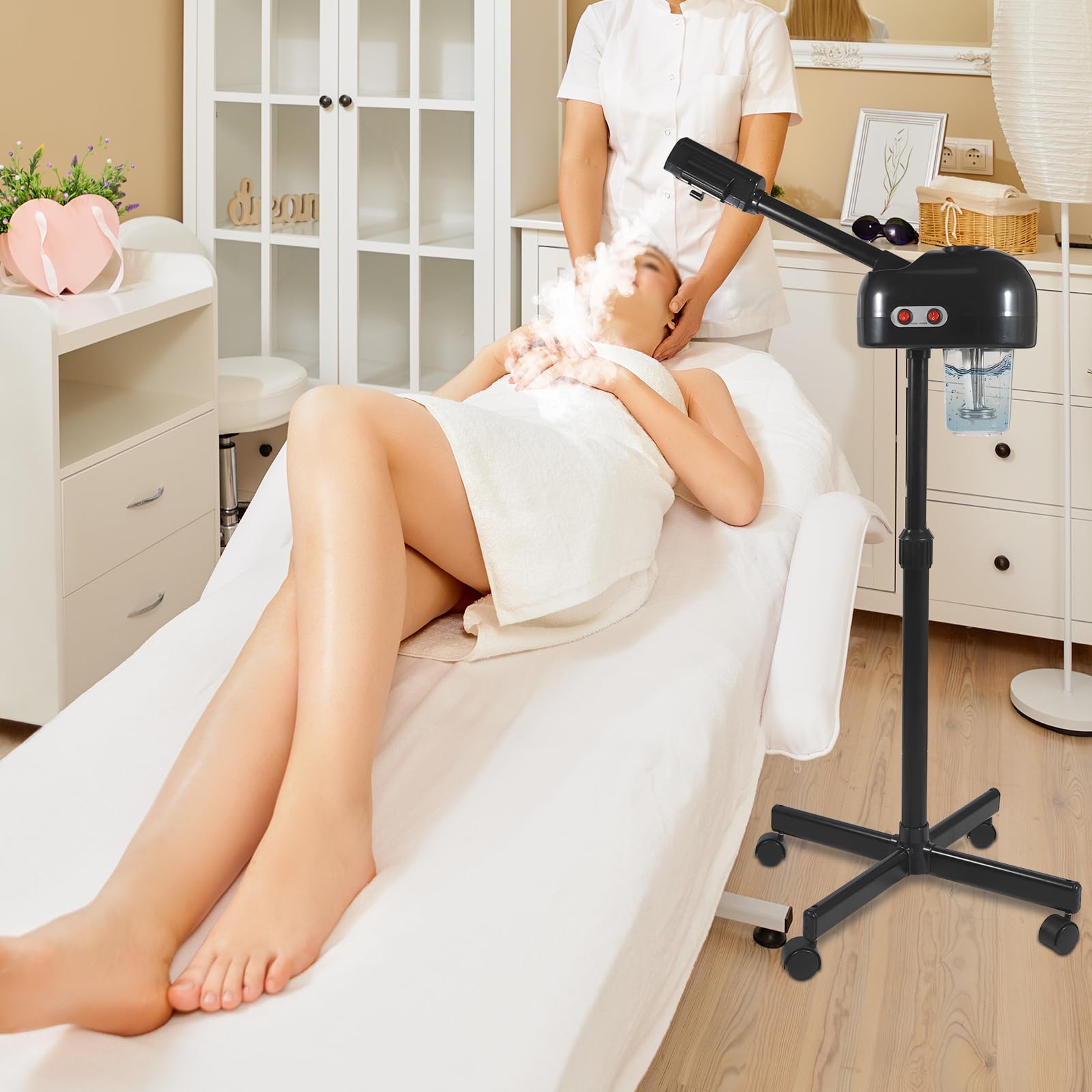 800W Gesichtsdampfer mit 750ml Wassertank, Stehender Gesichtsvernebler für 30-50 Min Dauerbetrieb, 42℃ Heißdampf Gesichtssauna mit 360° Düse für Salon und Zuhause