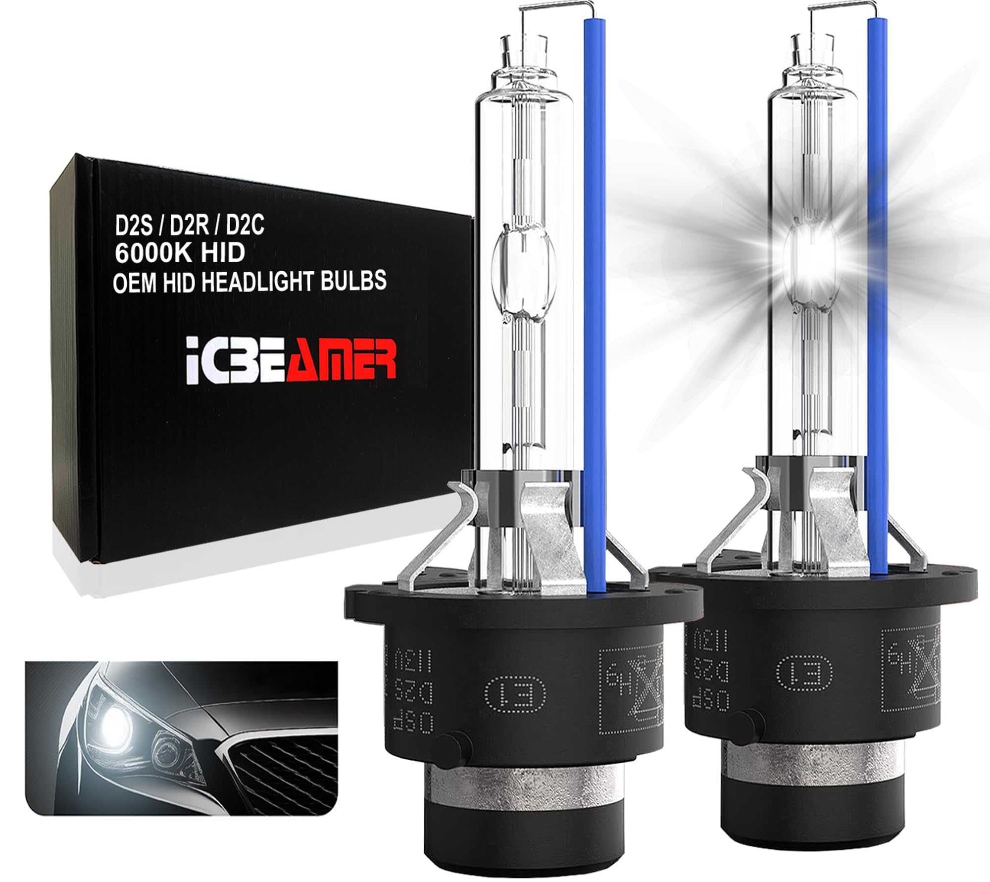 ICBEAMER 6000K D2S D2C D2R Xenon HID | Direct Plugin | Replace 66040, 66240, 85122 OEM Headlight Low Beam Light Bulbs | [Diamond White] | 2 Pcs