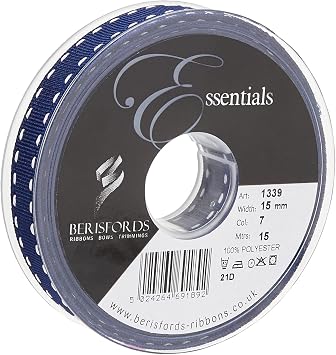 Berisfords 1339-NYW-15 15 mm Stitch Grosgrain Ribbon, Navy/White