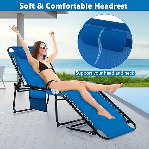 Miniatura 5 de Giantex Sillas de patio para exteriores, silla de bronceado plegable con reposacabezas, 4 posiciones ajustables, bolsillo lateral, tumbona al aire