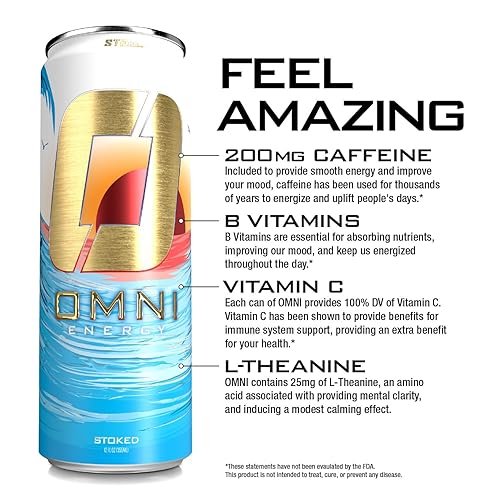 Vista 17 de OMNI - Bebida energética para día de playa, 12 onzas (paquete de 12), 200 mg de cafeína, vitaminas B, sin azúcar, baja en calorías, bebida