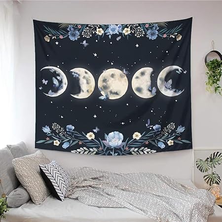 wallpapers Tapestry On Ceiling Over Bed ovenbird moon in bloom tapestry moon phases flowers and butterflies floral wall tapestry boho celestial aesthetic black wall hanging wall art room