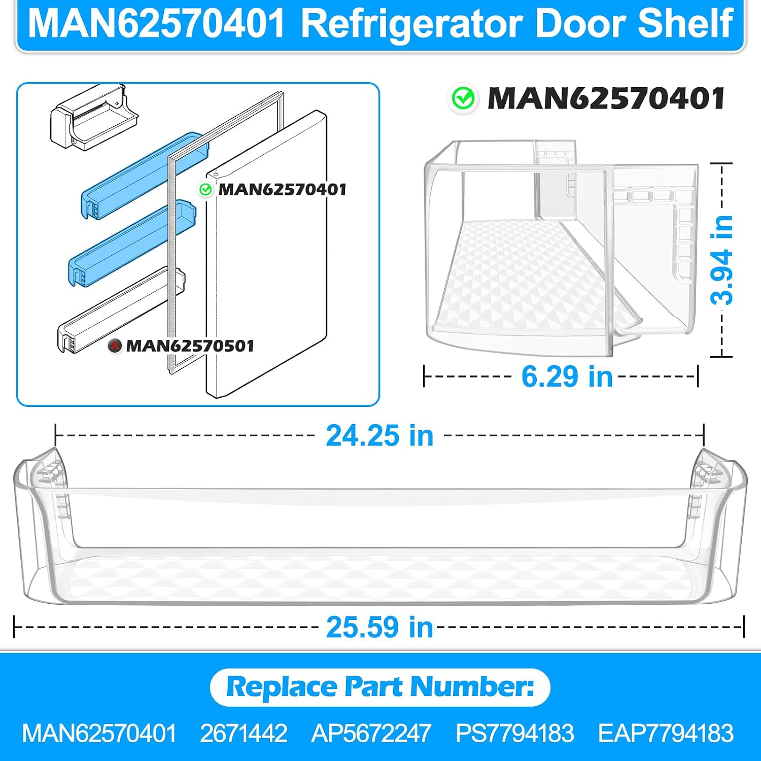 [2 PACK] UPGRADED MAN62570401 Door Shelf Bin Compatible with LG Refrigerator Door Shelf Replacement Parts LTCS20030S LTCS20020S LTCS20020W Shelf, Refrigerator Door Basket Kenmore Fridge Door Shelves