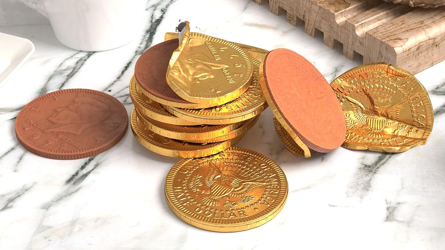 Gold Chocolate Coins – 3 lb Bulk Box, 240 Belgian Milk Chocolate Kennedy Half Dollar Coins (1.5”) – Individually Wrapped, Kosher Certified – Foiled Again!