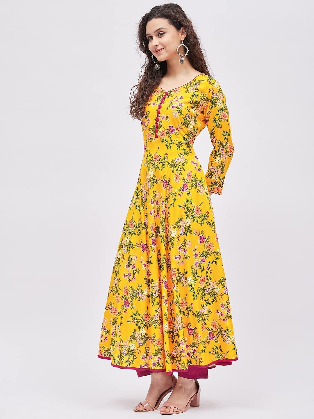 Tissu Women's Rayon Yellow & Rani Floral Printed A-Line Kurta
